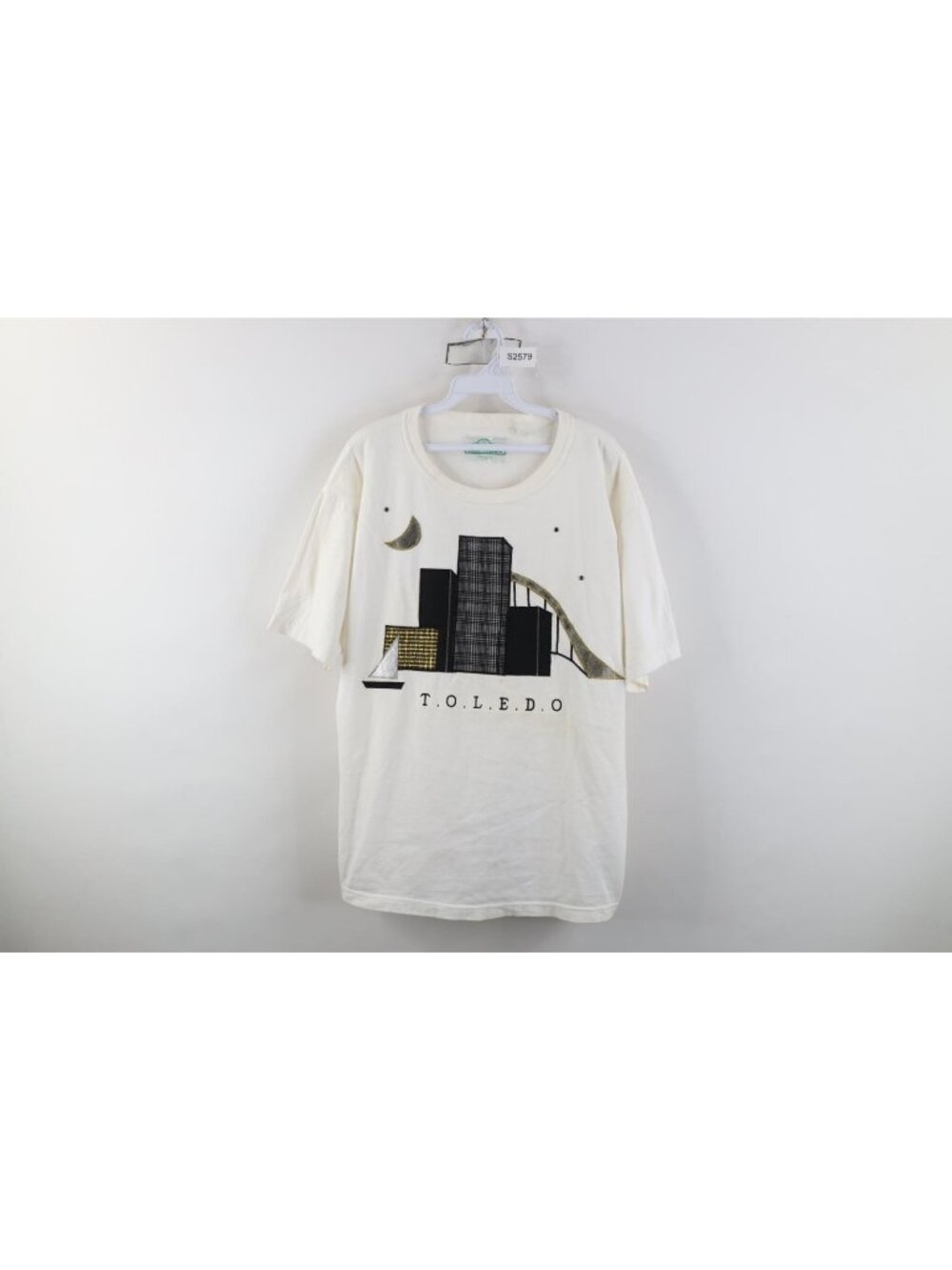 Vintage 90s Womens Large Distressed Abstract City Line Toledo Ohio T-Shirt USA